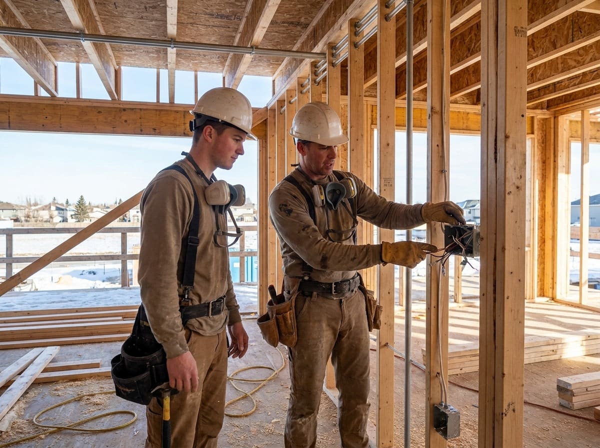 Edmonton commercial construction site mid-build. Journeyperson electrician teaching a second-year apprentice how to terminate wiring at a junction box.