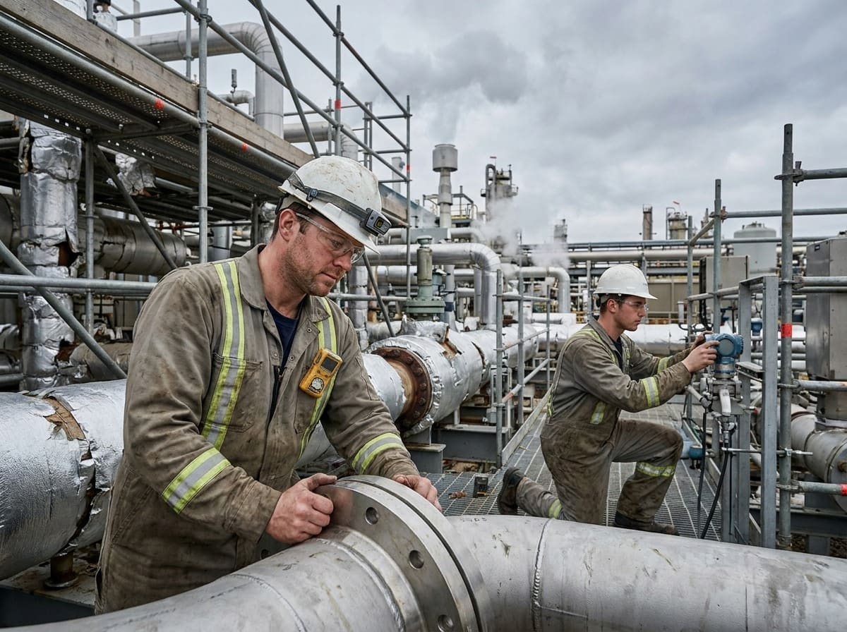 Alberta turnaround crew on a process unit. Red Seal pipefitter and instrumentation technician working together during a planned shutdown.