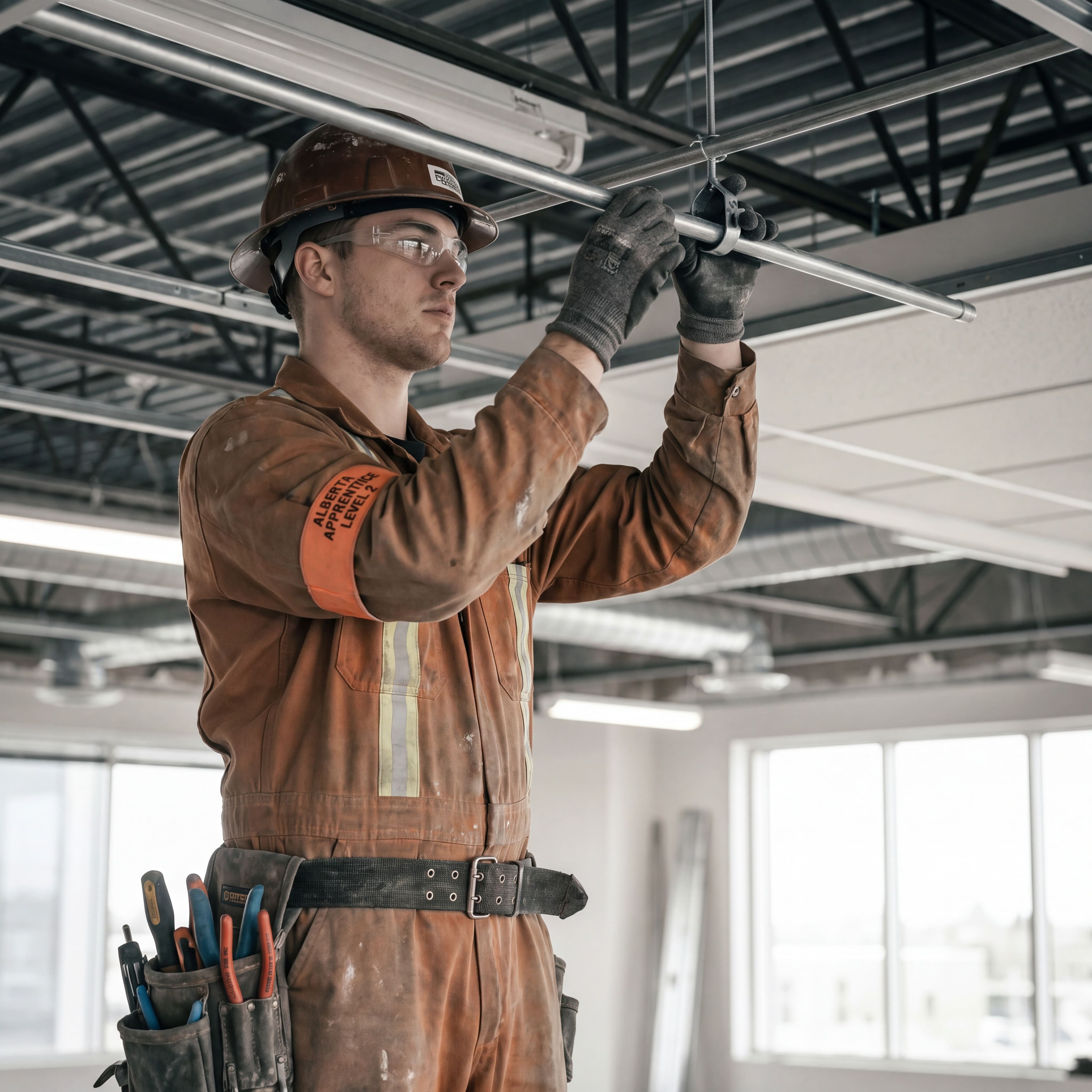 Alberta 2nd-year industrial electrician apprentice running EMT conduit through a finished commercial ceiling
