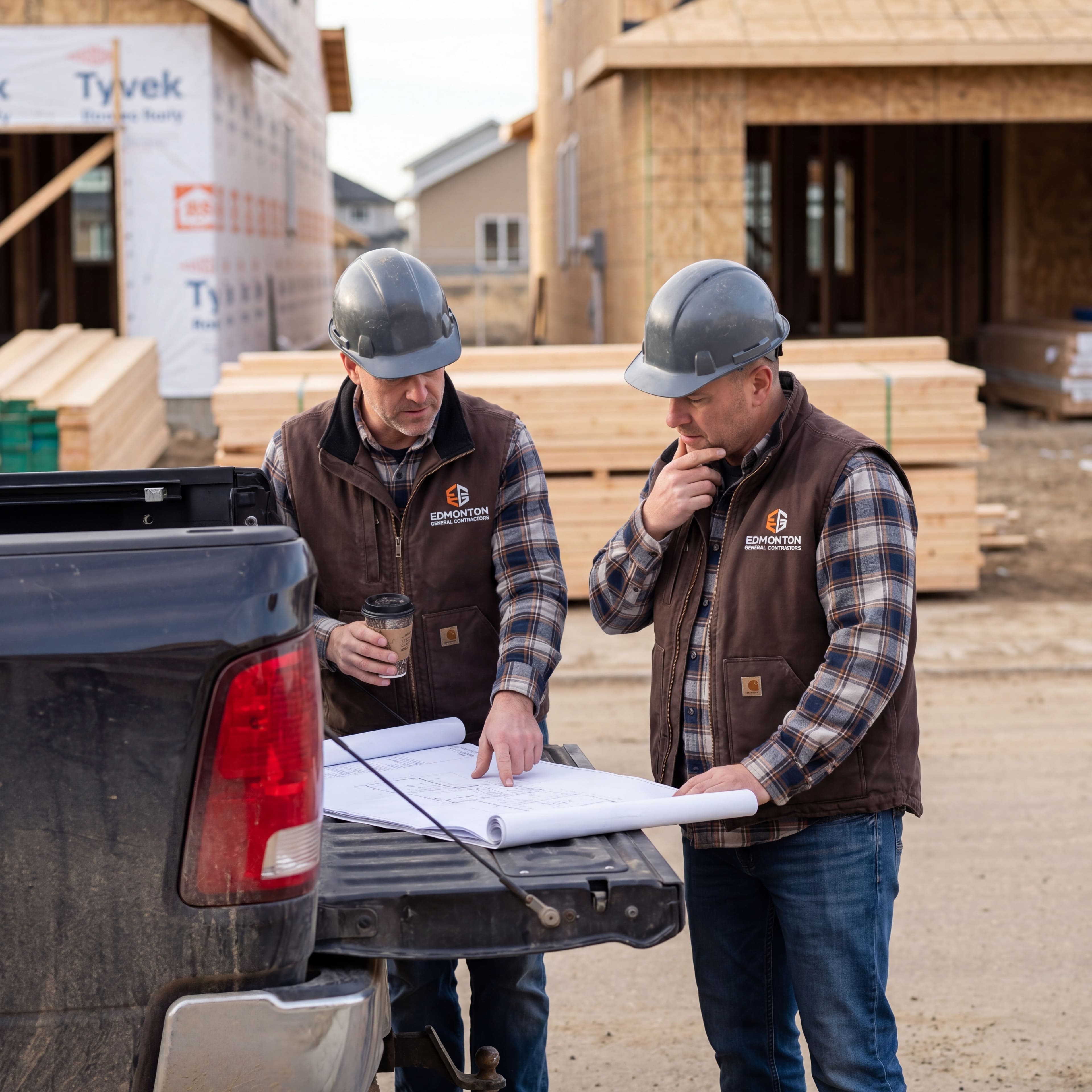 Two Alberta general contractor site managers reviewing construction plans on the back of a pickup truck tailgate at a residential construction site in Edmonton