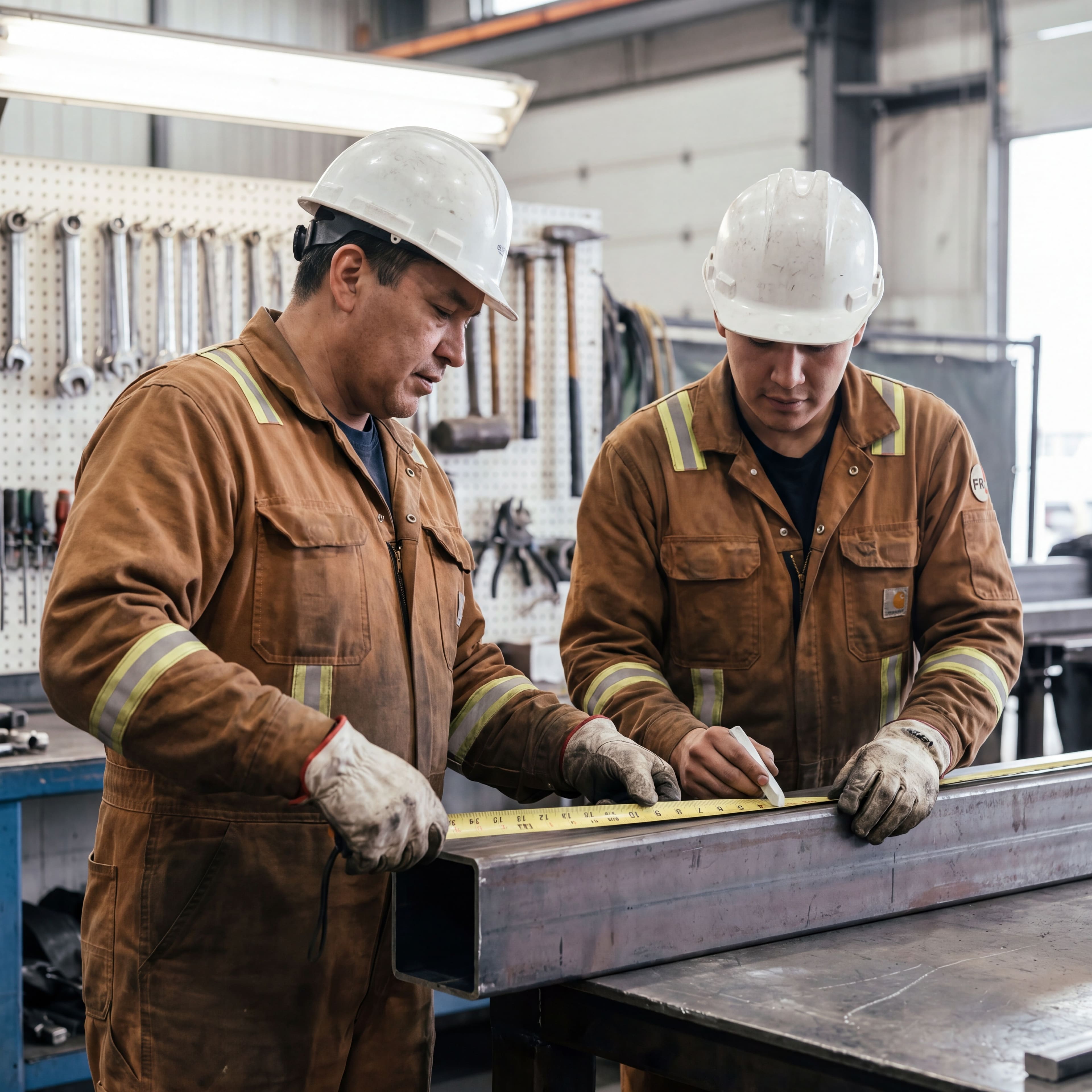 Indigenous Alberta apprentice and Indigenous journeyperson working together in a commercial fabrication shop measuring metal on a workbench