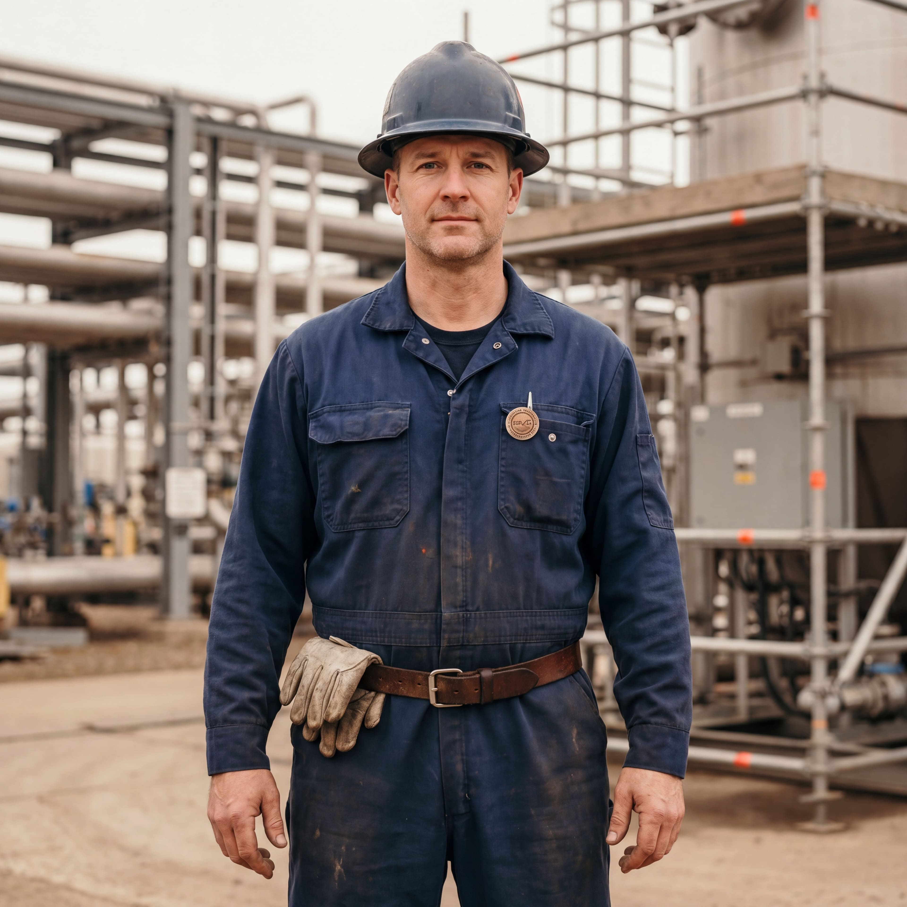Alberta Red Seal journeyman pipefitter standing calmly at a process unit during a turnaround with Red Seal pin visible