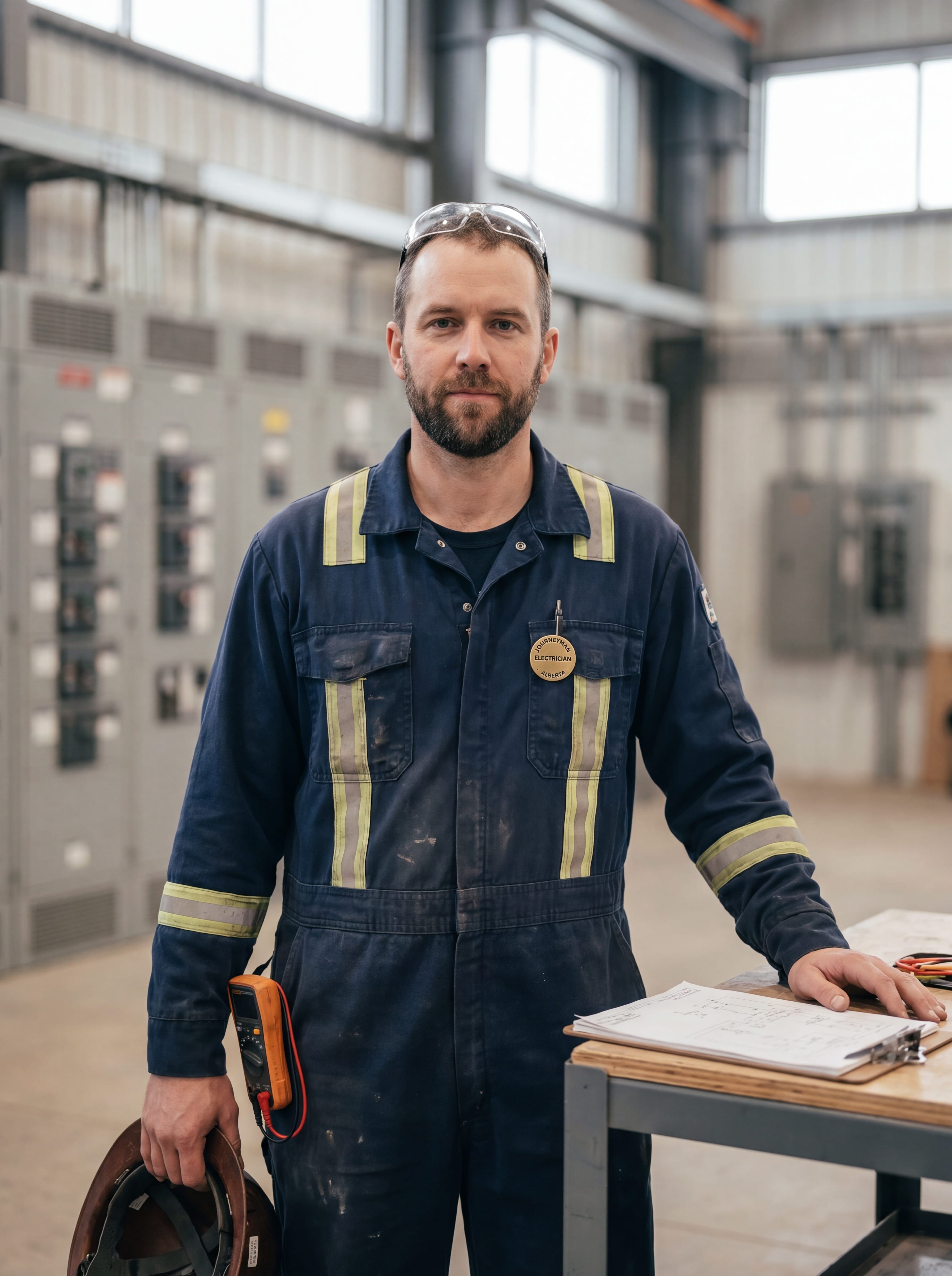 Alberta journeyman industrial electrician on a working industrial site, holding a clipboard with electrical schematics and a multimeter