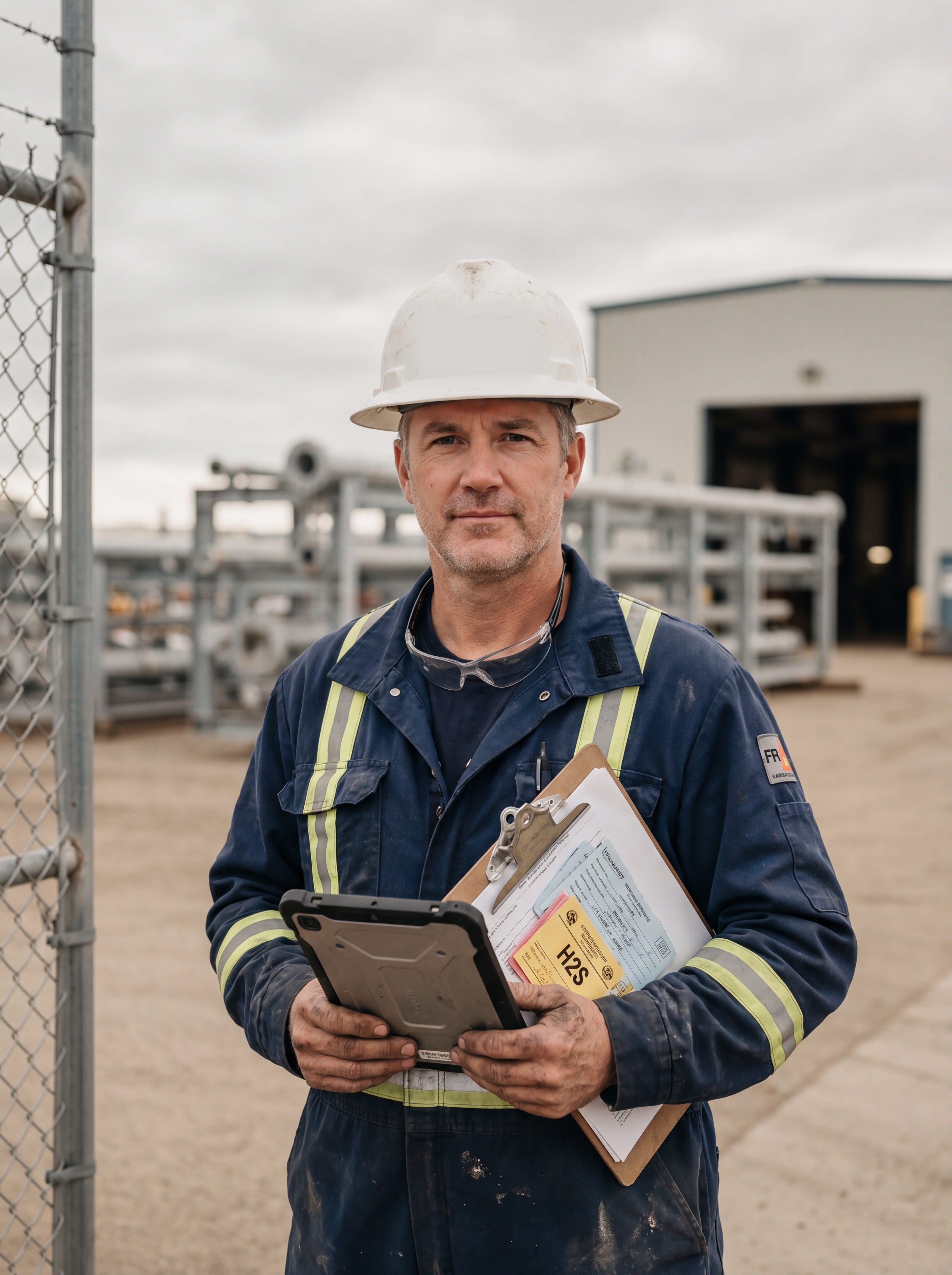 Alberta jobsite supervisor at an Industrial Heartland mod yard gate reviewing a candidate's certification ticket pack