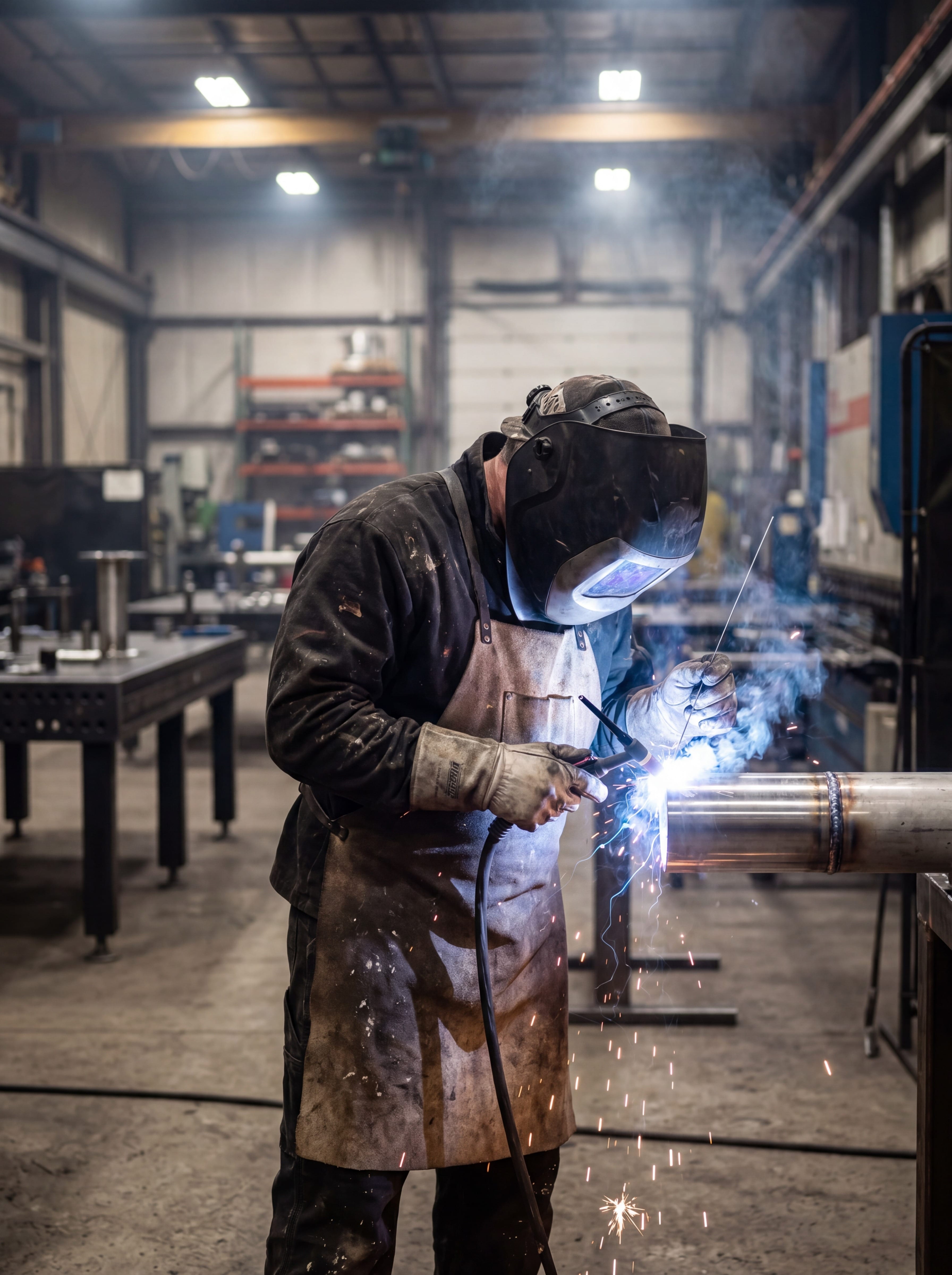 Alberta CWB-certified pressure welder mid-weld in a fabrication shop laying a careful bead on a stainless pipe joint