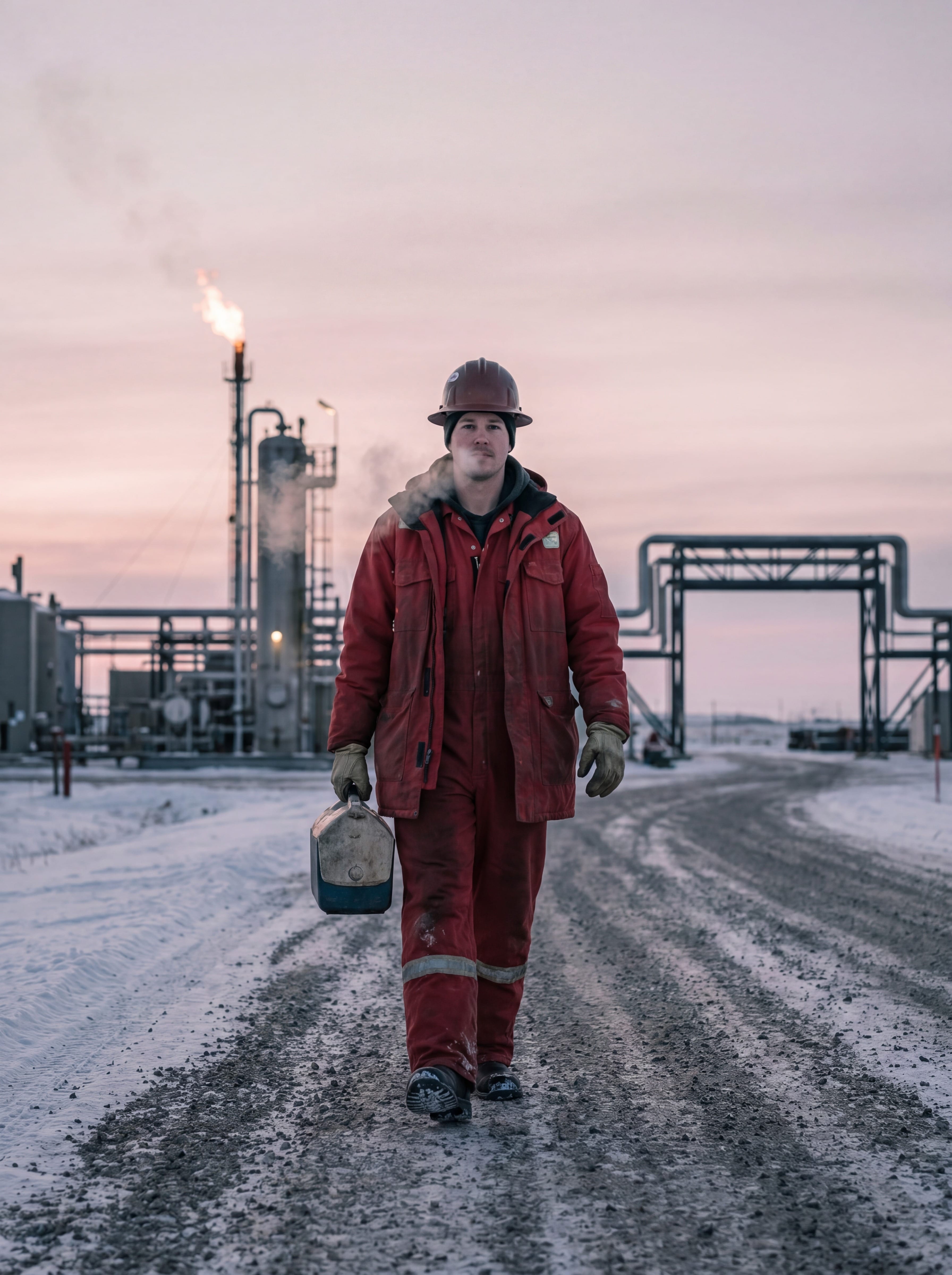 Alberta oilfield worker walking toward camera at dawn on a snow-dusted access road approaching a turnaround unit, breath visible in the cold morning air