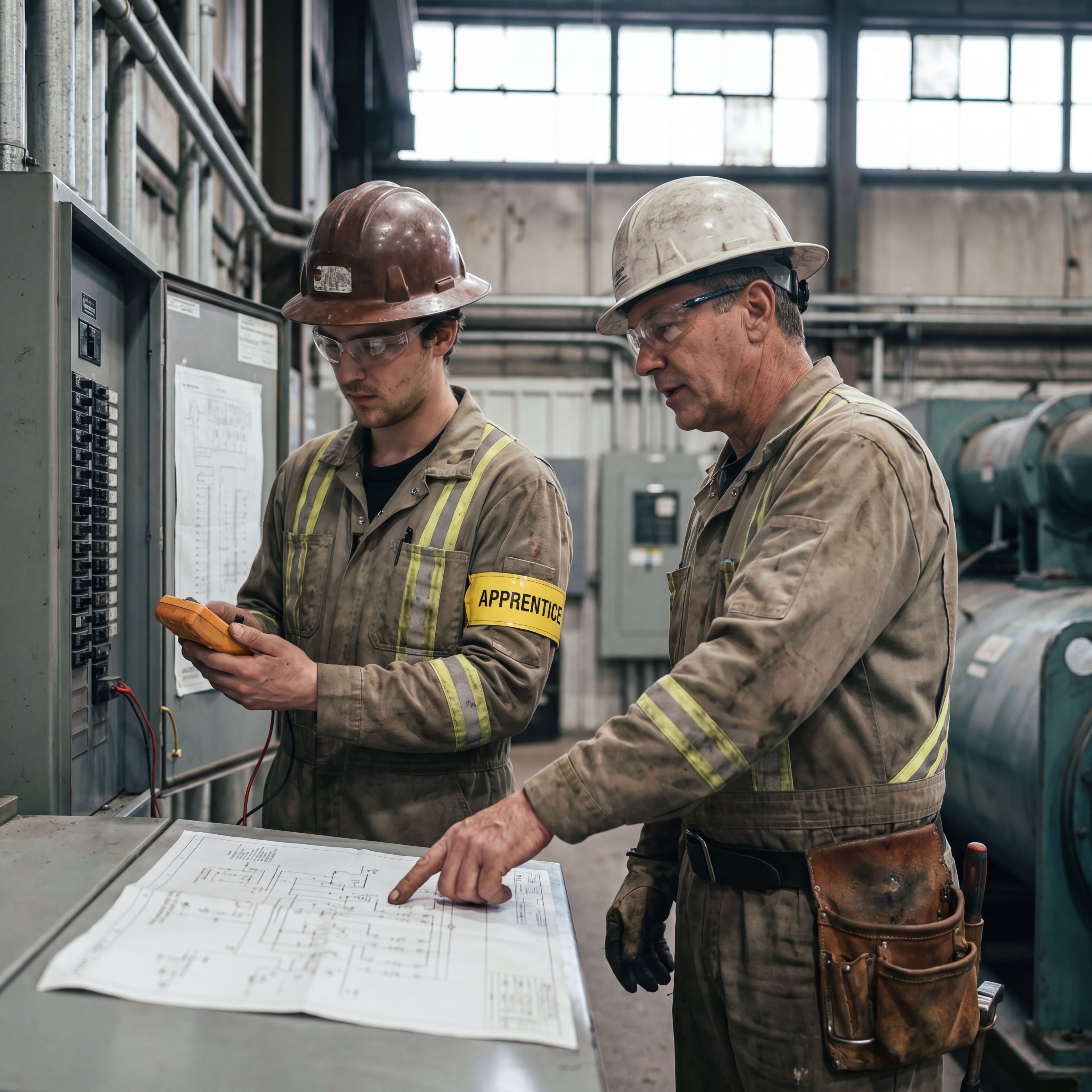 Alberta apprentice and journeyperson industrial electrician working side-by-side at an electrical motor control center