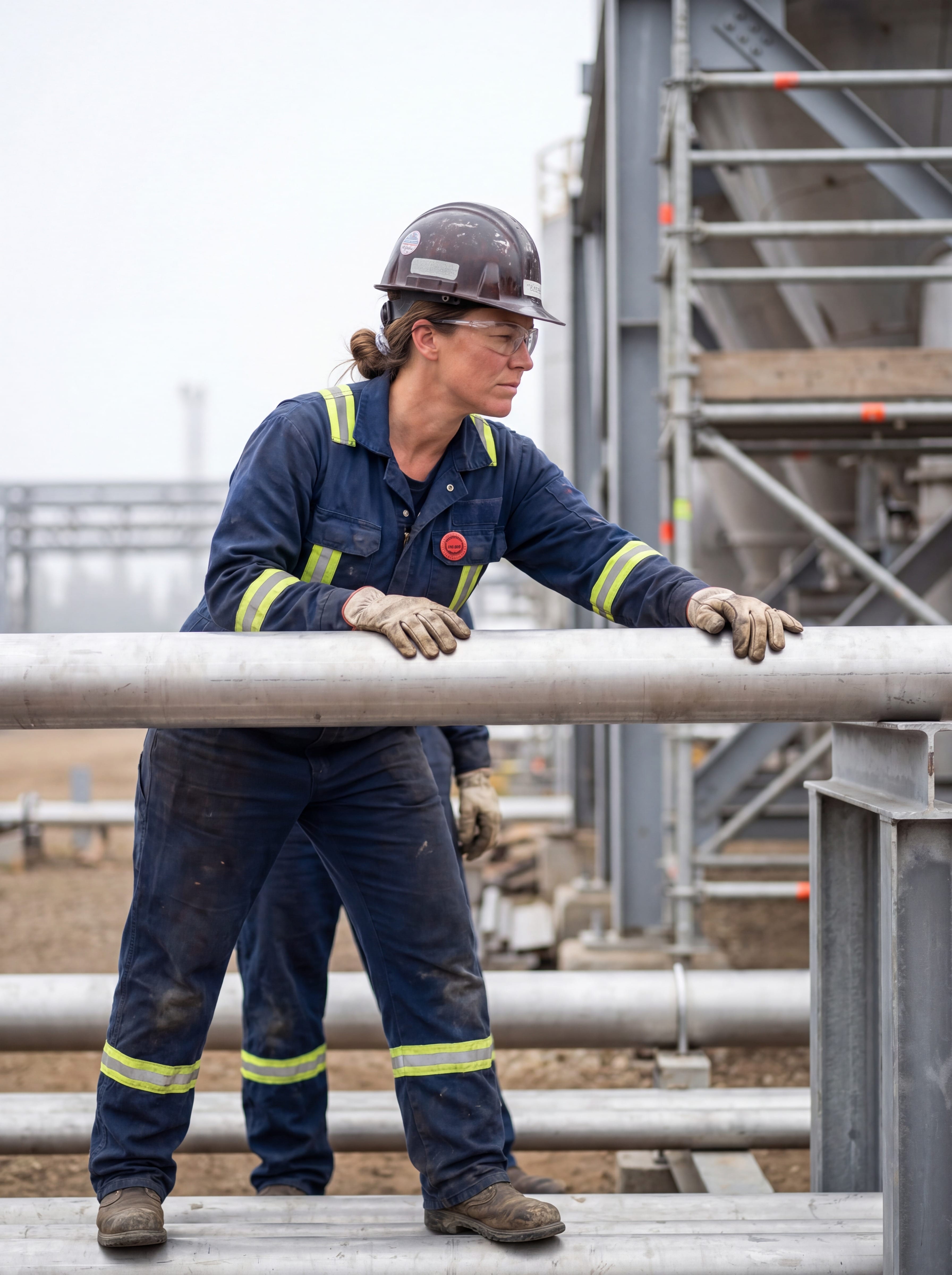 Alberta journeywoman pipefitter at an oilsands turnaround sighting along a process pipe to check alignment before fit-up